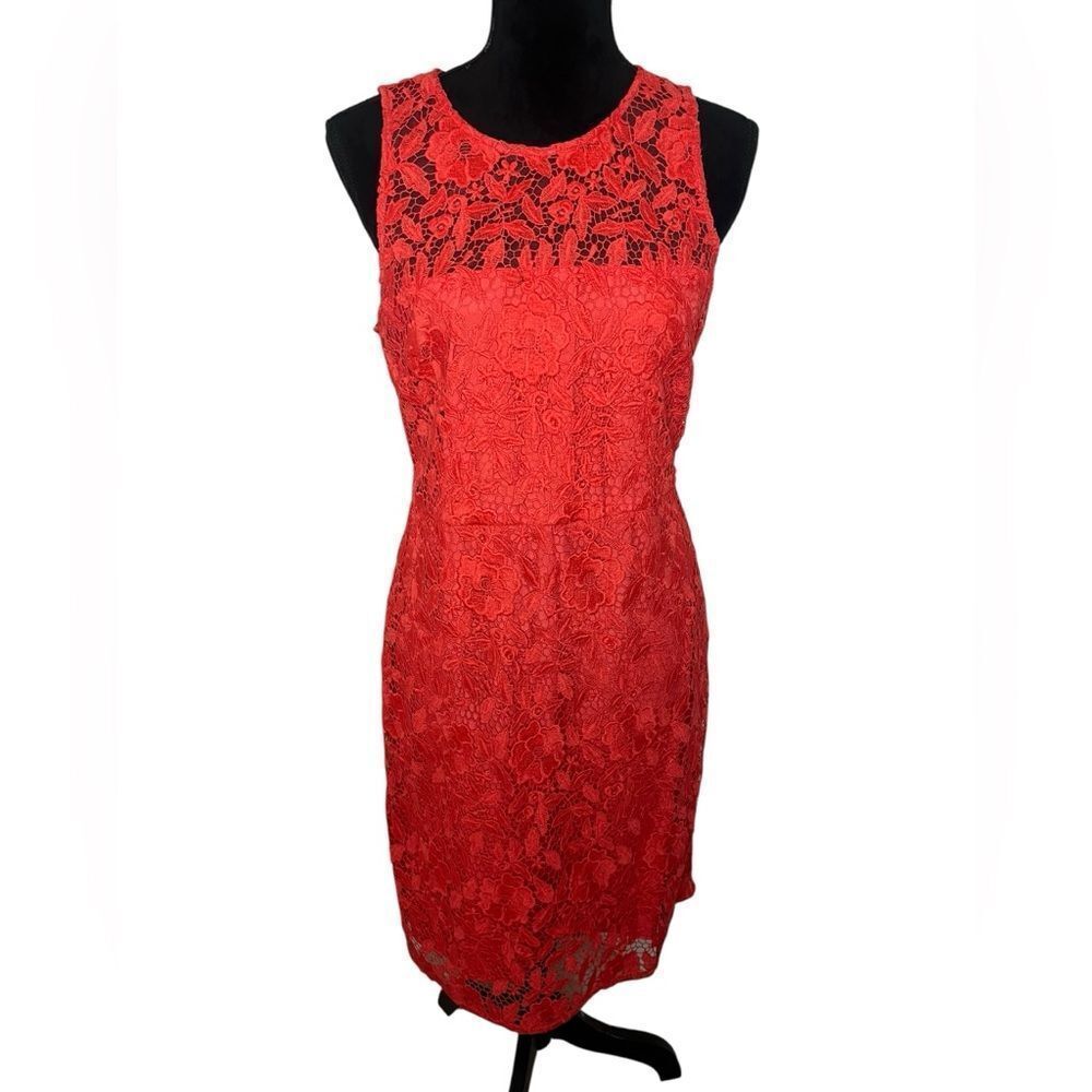 J.CREW LACE RED/ORANGE CORAL COCKTAIL SLEEVELESS SHEATH DRESS WOMENS‎ SIZE 10